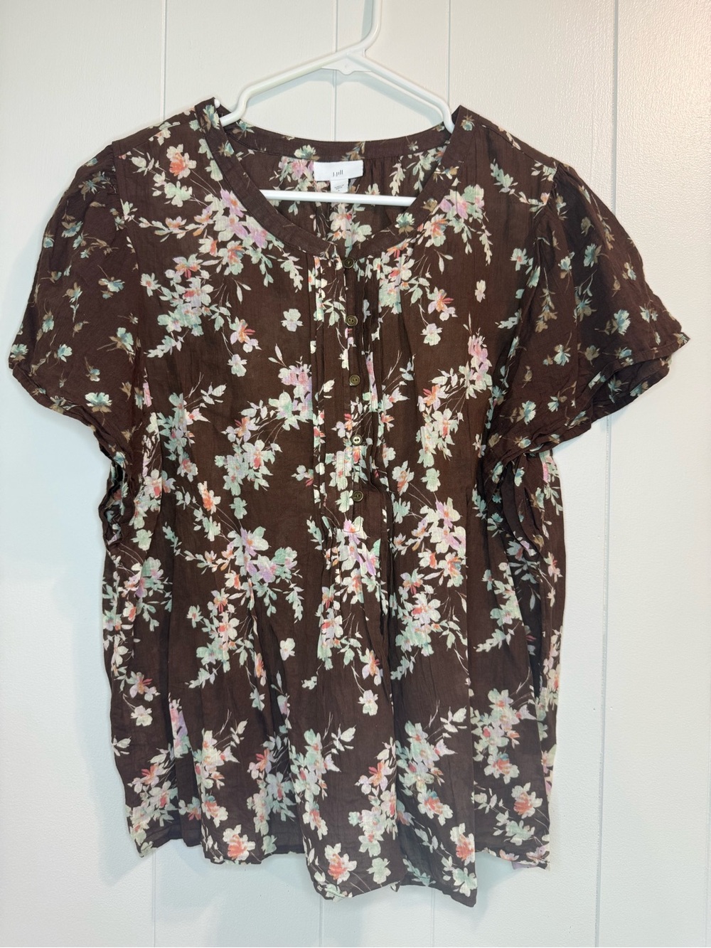 J. Jill Brown Floral Button-Front Blouse 100% Cotton Large Boho Cottagecore